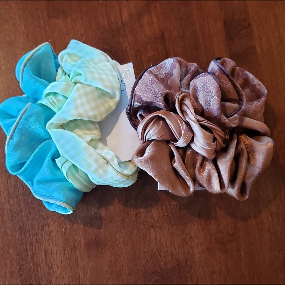 Time and Tru 6PK Large Hair Tie Scrunchies Teal Green Brown Gingham Velvet Satin